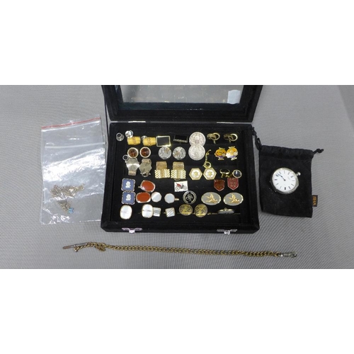 403 - Collection of gold plated and gilt metal cufflinks, small silver fob watch and chains, etc  