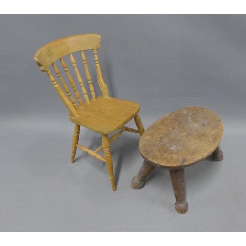 404 - Miniature pine chair, 30cm high together with a four legged stool (2)