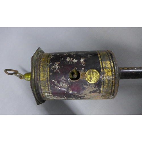 407 - 19th century carriage lamp, copper lantern and a Salters tole ware item, etc (3)