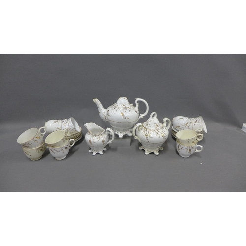 408 - 19th century English porcelain part teaset, white glazed with gilt pattern (a/f)