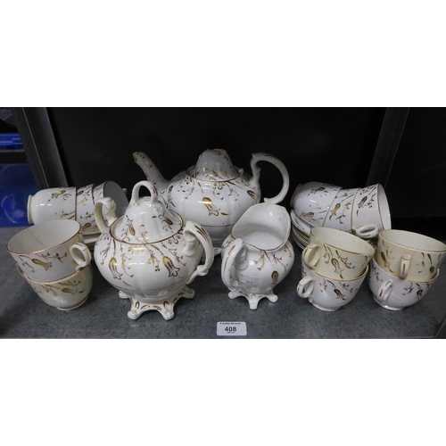 408 - 19th century English porcelain part teaset, white glazed with gilt pattern (a/f)