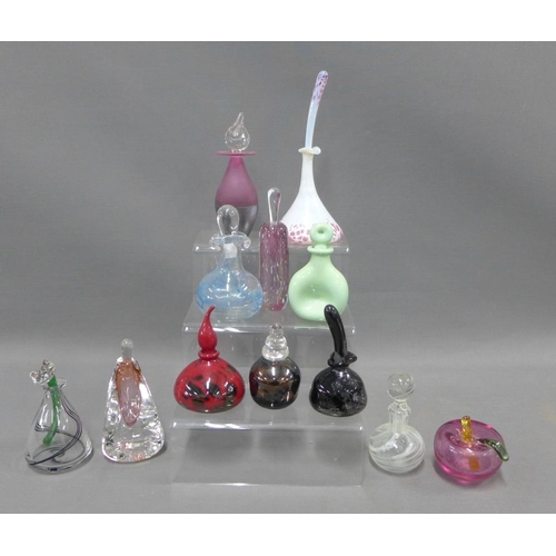 413 - Twelve coloured glass scent bottles and stoppers, tallest 21cm (12)