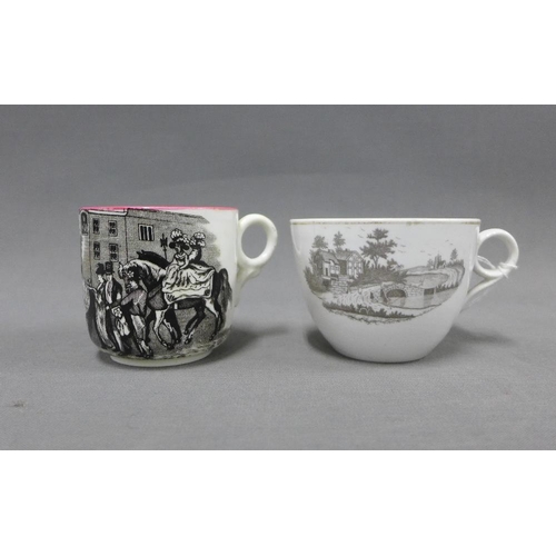 414 - Quantity of English porcelain bat printed table wares to include cups - one with Lady Godiva pattern... 