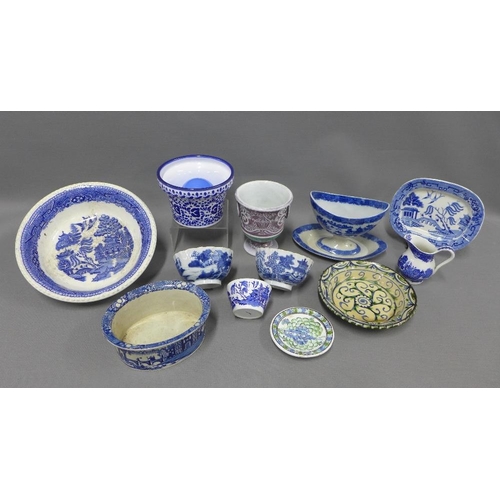 423 - Collection of blue and white pottery and porcelain to include two Chinese tea bowls and Staffordshir... 