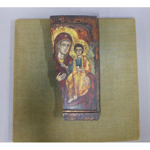 430 - Section of a wooden painted icon, 30 x 14cm, mounted on a hessian covered backboard