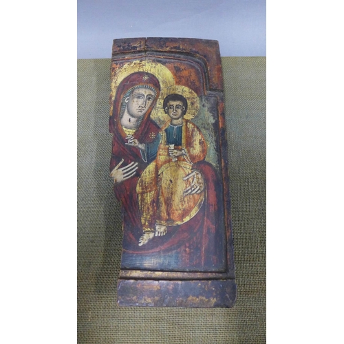 430 - Section of a wooden painted icon, 30 x 14cm, mounted on a hessian covered backboard