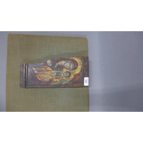 430 - Section of a wooden painted icon, 30 x 14cm, mounted on a hessian covered backboard