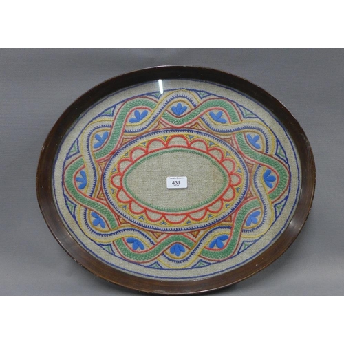 431 - Early 20th century tray with a glazed top containing an embroidered panel 50cm long