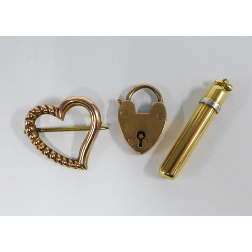15 - 9ct gold heart shaped brooch, 9ct gold heart padlock and a 9ct gold scent bottle pendant (3) 7.5g