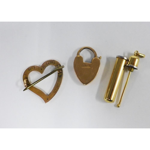 15 - 9ct gold heart shaped brooch, 9ct gold heart padlock and a 9ct gold scent bottle pendant (3) 7.5g