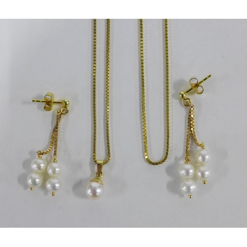 26 - 14ct gold necklace with gold mounted pearl drop together with a pair of matching earrings - butterfl... 