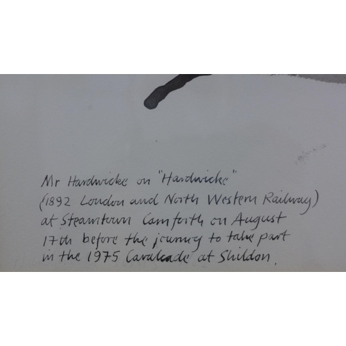 106 - Edna Lumb, ( 1931 - 1992) 'Mr Hardwicke (hatless) on Hardwicke at Seatown', watercolour, signed and ... 