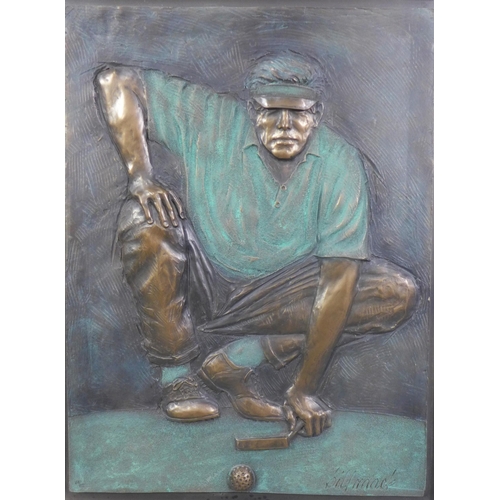 113 - Bill Mack, (American b.1949) bronze relief panel of a golfer, signed and framed, size overall 71 x 8... 