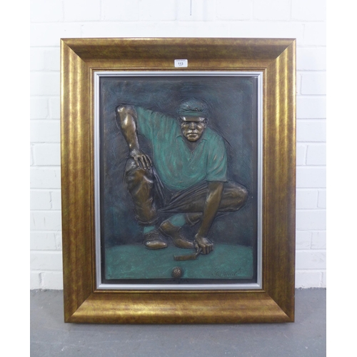 113 - Bill Mack, (American b.1949) bronze relief panel of a golfer, signed and framed, size overall 71 x 8... 