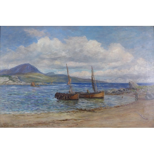 116 - R.B Johnston, shore scene with fishing boats, oil on canvas, signed and dated 1895, framed, 90 x 60c... 