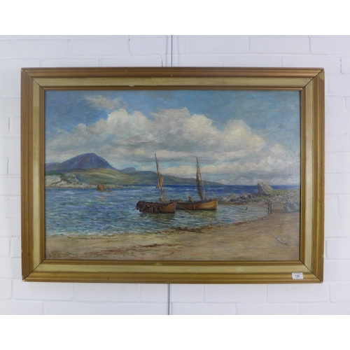 116 - R.B Johnston, shore scene with fishing boats, oil on canvas, signed and dated 1895, framed, 90 x 60c... 