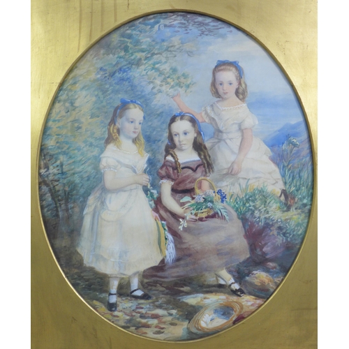 117 - Large watercolour of three girls in a garden picking flowers, in an oval gilt mount and framed under... 