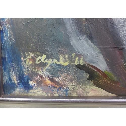 119 - Thora Clyne an oil on board abstract, signed and dated '66, in a silver giltwood frame, 120 x 90cm