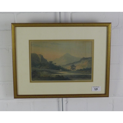 128 - 19th century landscape watercolour, unsigned and framed under glass, 25 x 17cm