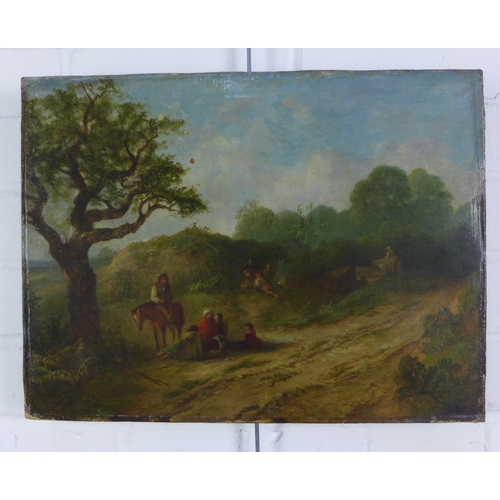 130 - 19th century British School, rural scene with figures resting, oil on canvas, apparently unsiged, on... 