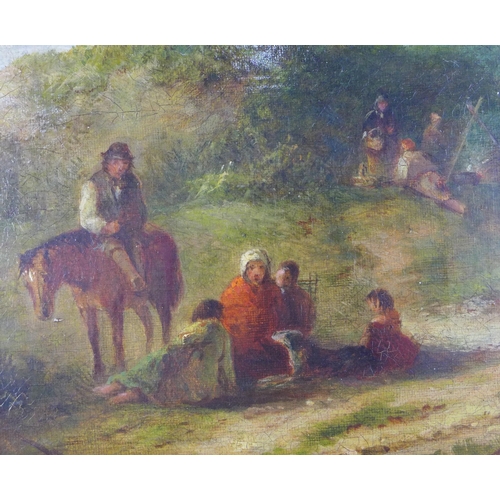 130 - 19th century British School, rural scene with figures resting, oil on canvas, apparently unsiged, on... 