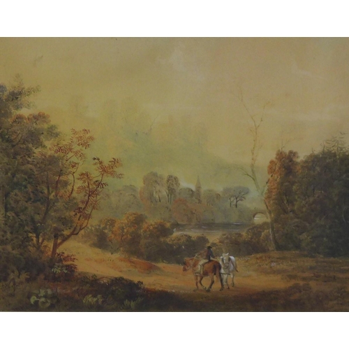 131 - 19th century British School, watercolour landscape with a rider on horseback with a bridge and churc... 