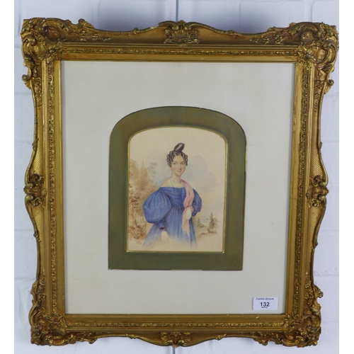 132 - British School watercolour of a woman in a blue dress, apparently unsigned, under glass within a gil... 