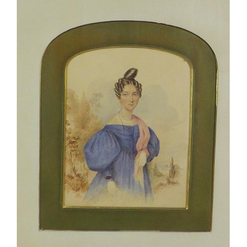 132 - British School watercolour of a woman in a blue dress, apparently unsigned, under glass within a gil... 