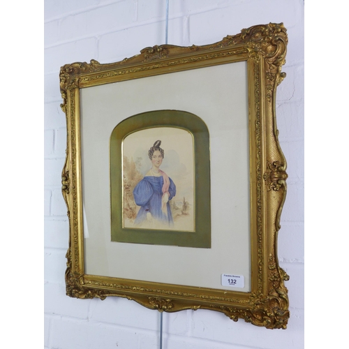 132 - British School watercolour of a woman in a blue dress, apparently unsigned, under glass within a gil... 