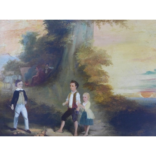 63 - British School, oil on canvas of three children in a rural landscape, apparently unsigned, in a gilt... 