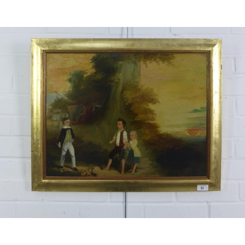 63 - British School, oil on canvas of three children in a rural landscape, apparently unsigned, in a gilt... 