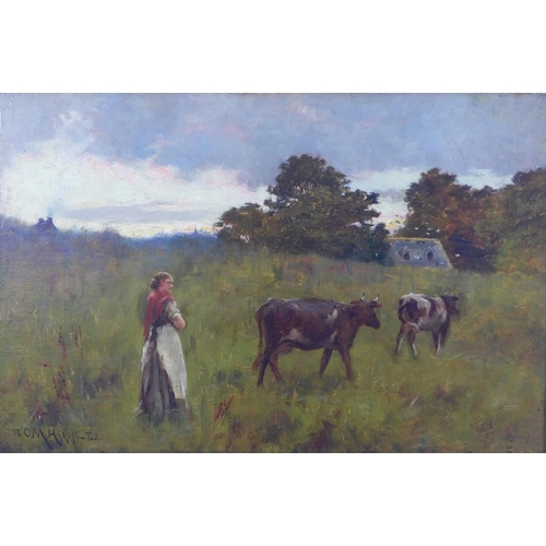 66 - Charles Martin Hardie, (Scottish 1858 - 1916) Rural Scene with milkmaid and cows,  oil on board, sig... 