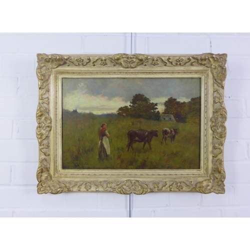 66 - Charles Martin Hardie, (Scottish 1858 - 1916) Rural Scene with milkmaid and cows,  oil on board, sig... 