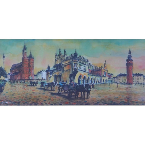 69 - Polish School, watercolour of Krakow, signed indistinctly and framed under glass, 40 x 18cm