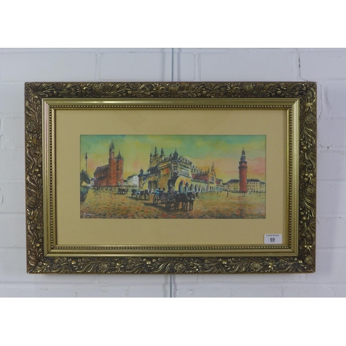 69 - Polish School, watercolour of Krakow, signed indistinctly and framed under glass, 40 x 18cm