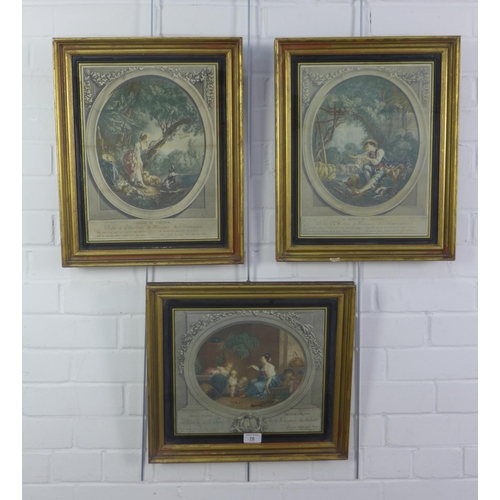 70 - Three French coloured lithograph prints with verre eglomise and Hogarth style frames, 43 x 40cm (3)