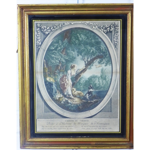 70 - Three French coloured lithograph prints with verre eglomise and Hogarth style frames, 43 x 40cm (3)