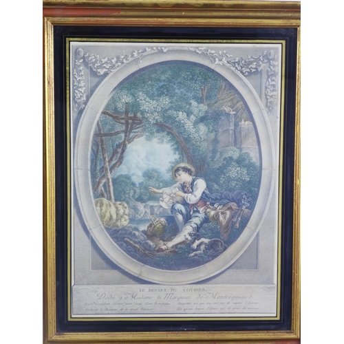 70 - Three French coloured lithograph prints with verre eglomise and Hogarth style frames, 43 x 40cm (3)