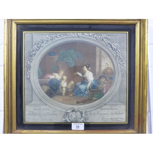 70 - Three French coloured lithograph prints with verre eglomise and Hogarth style frames, 43 x 40cm (3)