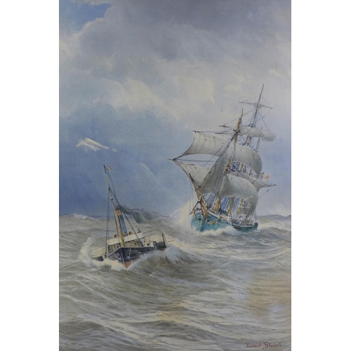 71 - Ernest Stuart, (Exh. 1889 - 1915) Seascape with sailing ships, watercolour, signed, in an oak frame,... 