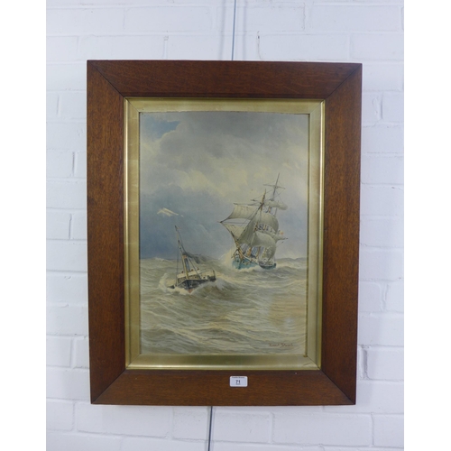 71 - Ernest Stuart, (Exh. 1889 - 1915) Seascape with sailing ships, watercolour, signed, in an oak frame,... 