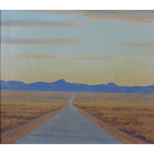 81 - Nesbitt (South African School) oil on board of a road through a deserted landscape, signed and frame... 