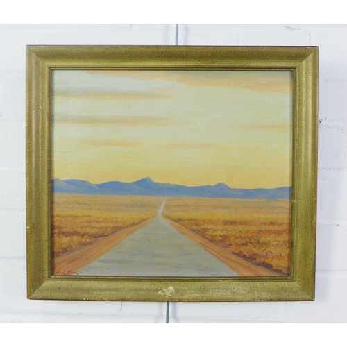 81 - Nesbitt (South African School) oil on board of a road through a deserted landscape, signed and frame... 