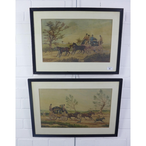 82 - Pair of coaching Scene watercolours, apparently unsigned, framed under glass, size overall 44 x 27cm... 