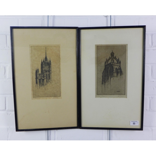 85 - Alex Fraser (1893 - 1939) a pair of etchings to include Kings College Crown, Aberdeen and The Mitche... 