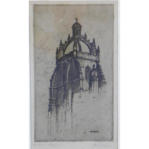 85 - Alex Fraser (1893 - 1939) a pair of etchings to include Kings College Crown, Aberdeen and The Mitche... 