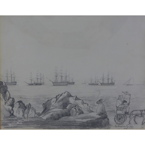 88 - 19th century English School, ;The Fleet from Seaview', pencil sketch, entitled and dated Aug 1853, f... 