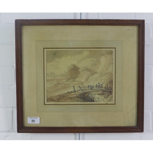 89 - T. Rowlandson, 'The Bridge', watercolour and pencil, framed under glass with a Thos Agnew & Sons lab... 