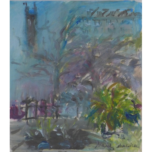 90 - Marily MacVicar, Moray Place Gardens, mixed media, signed and framed under glass, 16 x 18cm