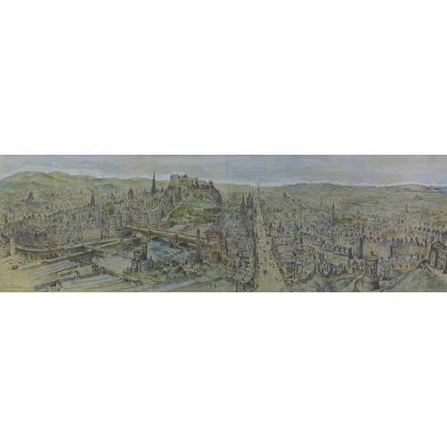 91 - After Bryan de Grineau, panoramic view of Edinburgh, an overpainted print framed under glass, size o... 